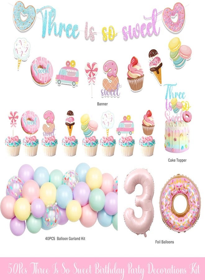 Hombae Three Is So Sweet Birthday Party Decorations, 3rd Birthday Decorations for Girls, Donut Birthday Party Supplies with Banner Cake Topper Foil Balloon for 3 Year Old Sweet Party - Image 2